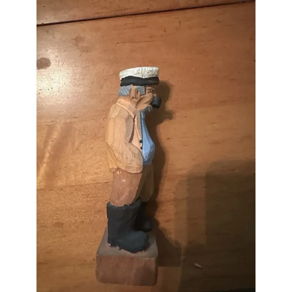 Hand-Carved Wood Sailor Captain Figurine w/ Pipe Nautical Folk Art